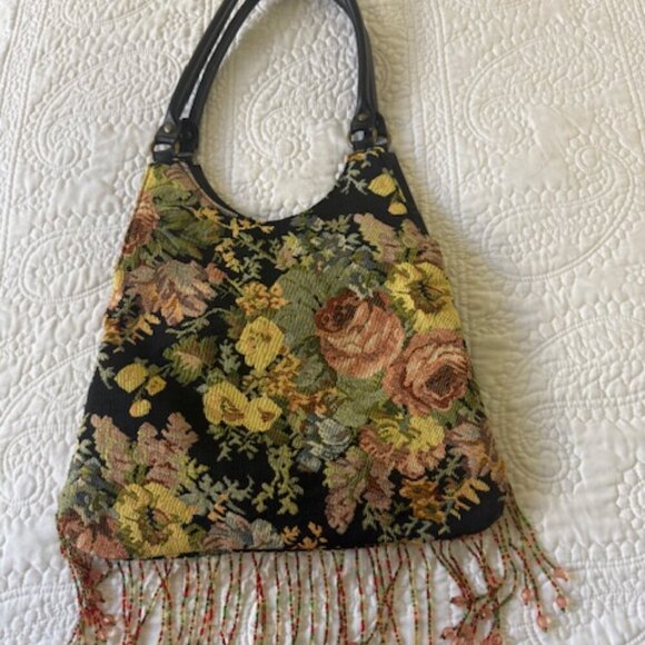 Vintage Prezzo Beaded Fringe Floral Tapestry Boho Shoulder Bag - Picture 4 of 5